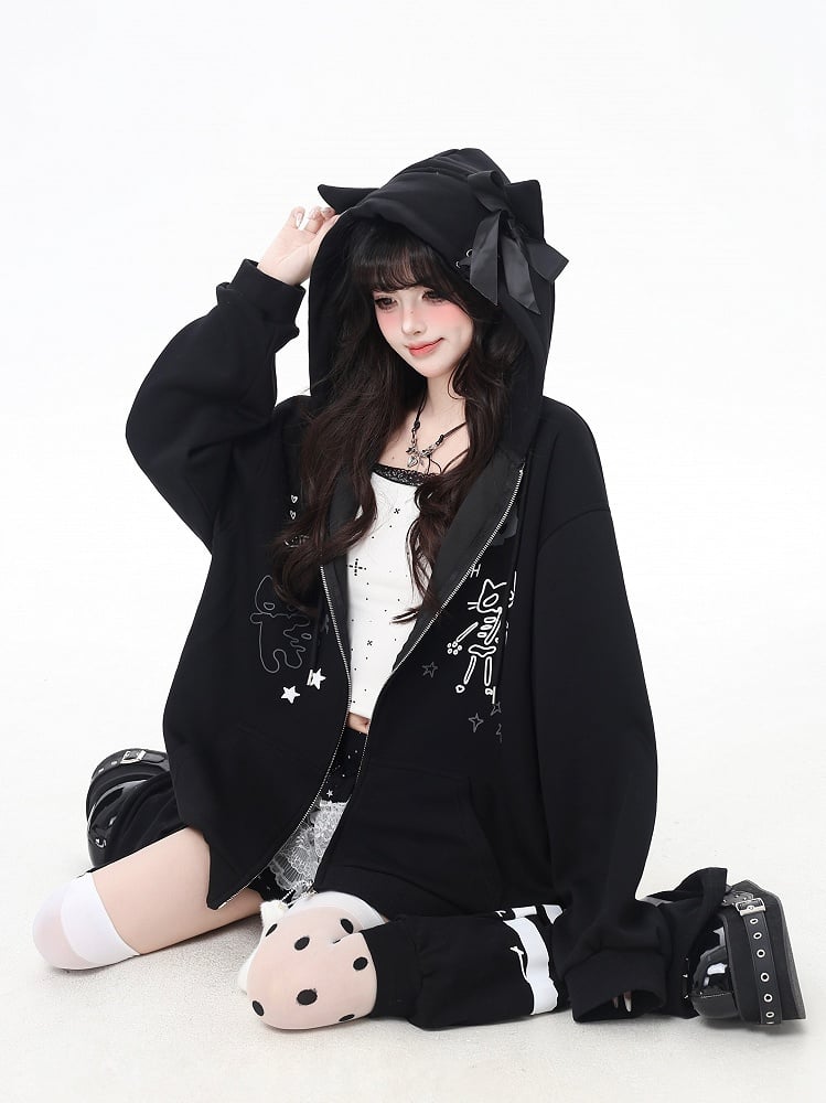 Bone Plushie Schwarz/Grau Zip-up Hoodie mit Kitty Ohren Kapuze und