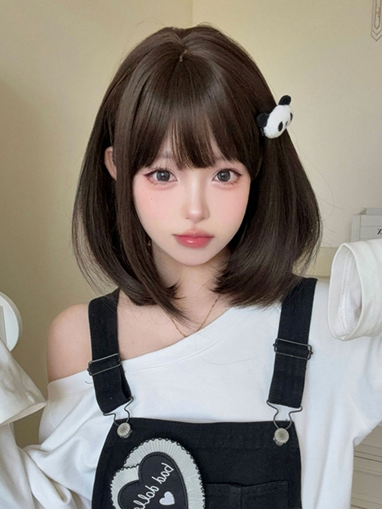 Wig 40CM With Brown Air Length Dark Bangs Synthetic