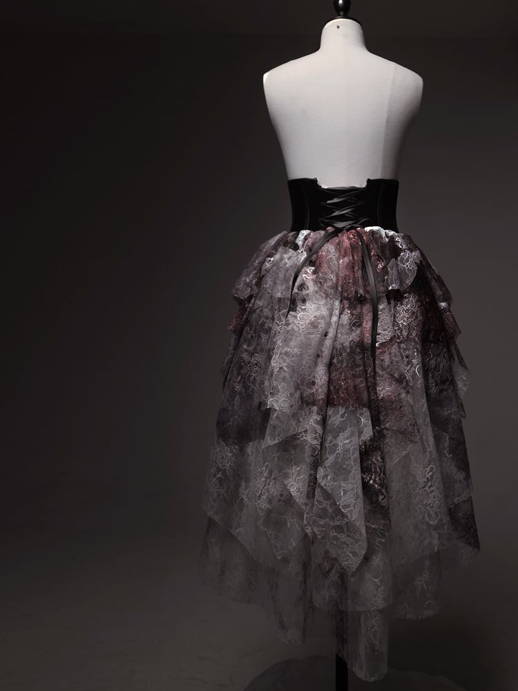 Print Black Red Bloodstain Gothic Lace Lolita Corset Boned with Train Belt