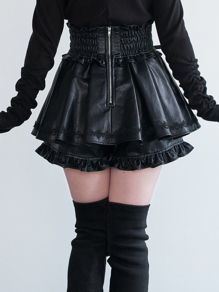 Cross Black Kei Lace-Up Skirt Jirai Decor Bow Ruffled Leather
