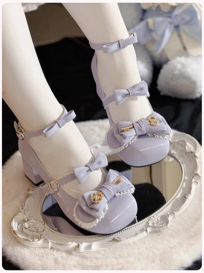 5 Colors Silk Shimmer Lolita Shoes 5cm Heel with Lace Trim Bow and Gold Key Details - Guligul