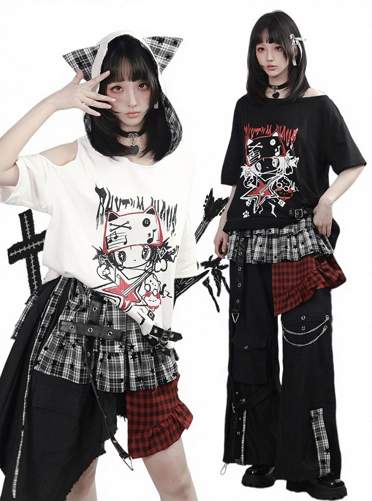 Black Asymmetrical Shoulder T-Shirt with Cartoon Print & Plaid Tie - PINK SAVIOR