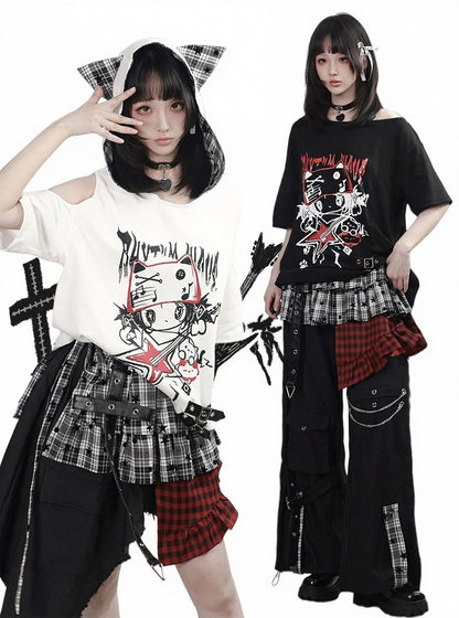 Black Asymmetrical Shoulder T-Shirt with Cartoon Print & Plaid Tie - PINK SAVIOR