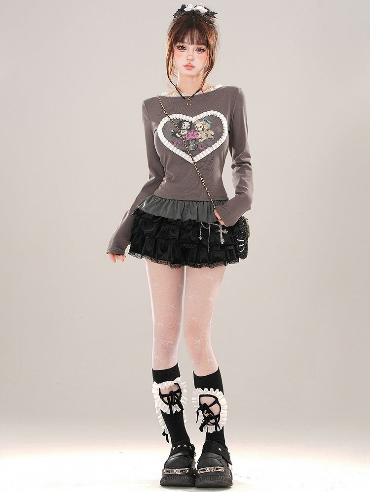 Grey/White Puppies Print Ruffle Hem Slim-fit T-shirt