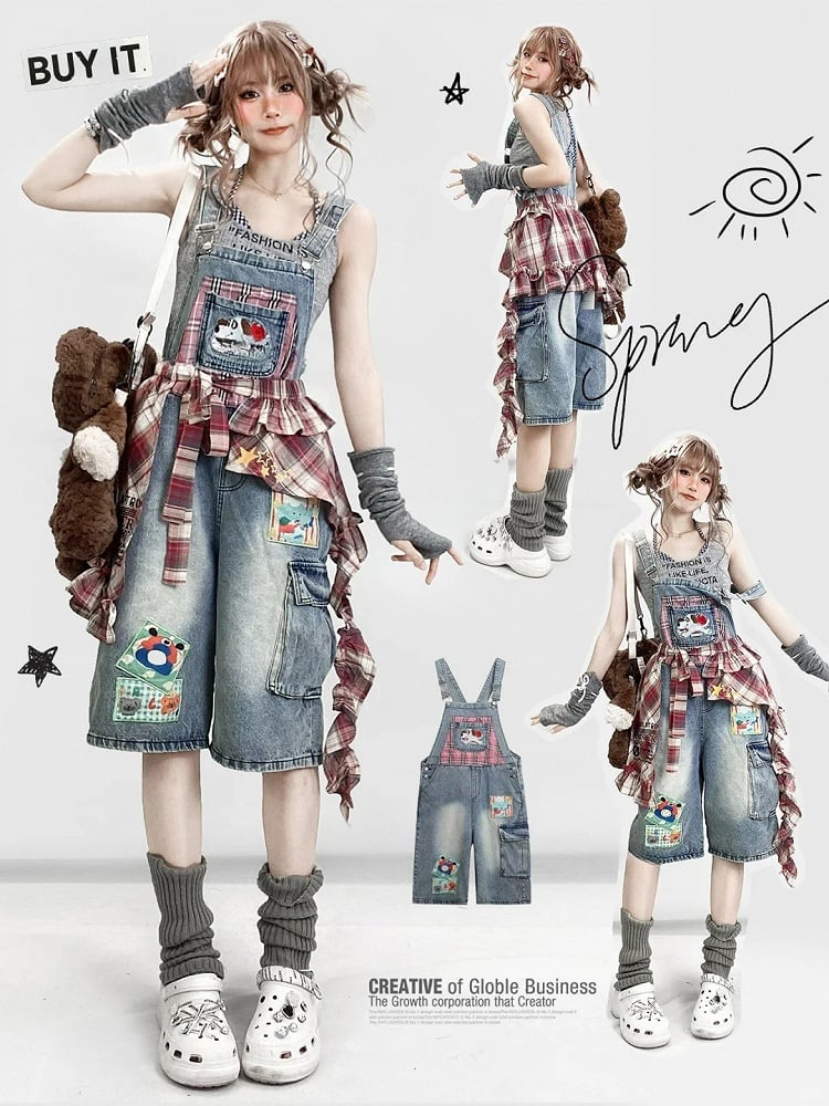 ポケットジーンズ パピー 夏ウエスト キュートアクセサリー チェック柄オーバーオール