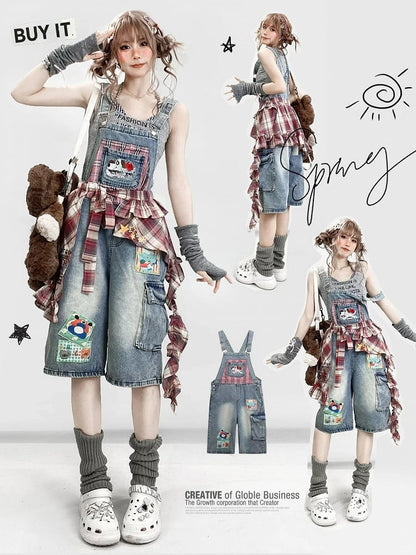 ポケットジーンズ パピー 夏ウエスト キュートアクセサリー チェック柄オーバーオール