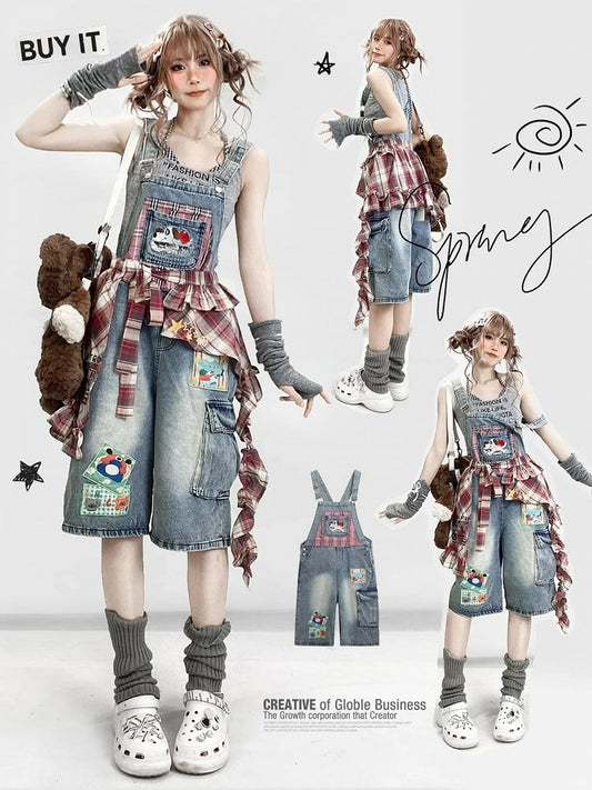 Jeans mit Taschen, Welpe, Sommer-Taille, süßes Accessoire, karierter Overall