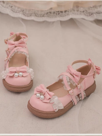 Ruffles Lace Lolita Beaded with Charm Pink Bow Ornate Flats Top - Crisscross Hime Straps