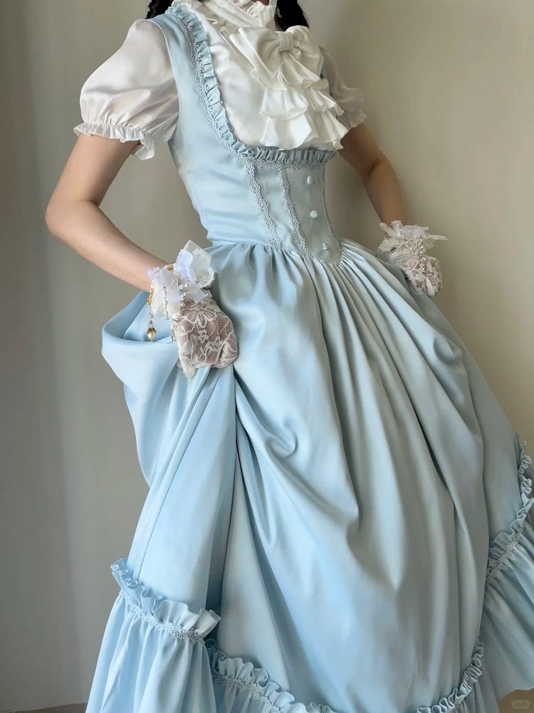 Light Blue Satin Basque Waist Under Bust Elegant Lolita JSK - Alice in Wonderland Lolita