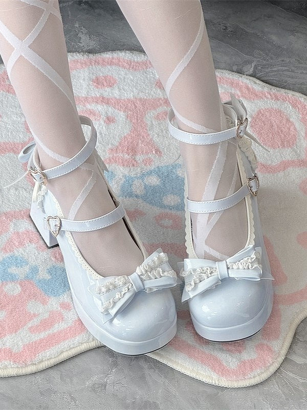 Light Bow Elegant with Blue Mary Lolita Scalloped PU Details Janes Hem