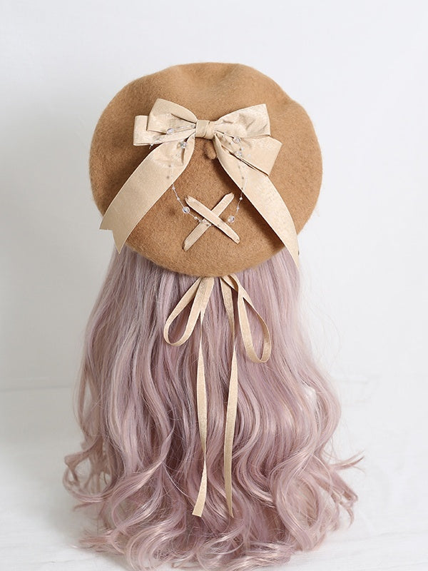 Beret Camel Bowknot Sweet With Lolita Ribbon Beige / Khaki