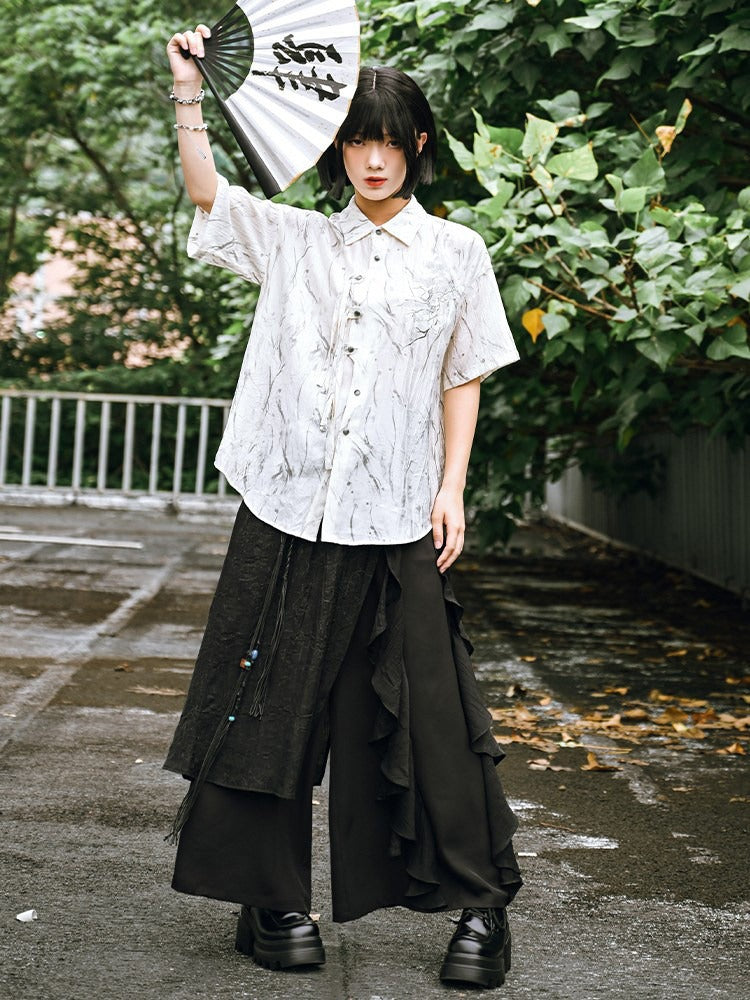 Dark Asymmetric Wide-Leg Pants with Spliced Panels - Quirky Hut