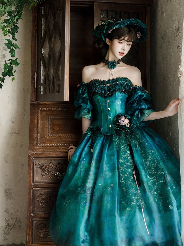 Grüner Tüllrock mit Waldfee-Lolita-Ölgemälde-Print und floraler Haarspange