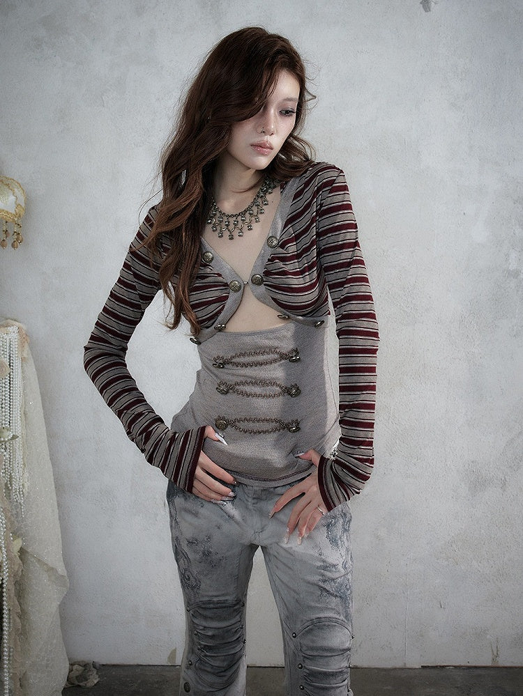 Red & Brown Striped V-Neck Hooded Knit Top with Long Sleeves & Faux Two-Piece Punk Style - NO ROMANCE