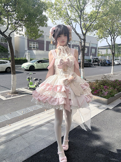 ネックバスクドレス ウエストピンクスカート ホルターティアードQi取り外し可能ロリータ