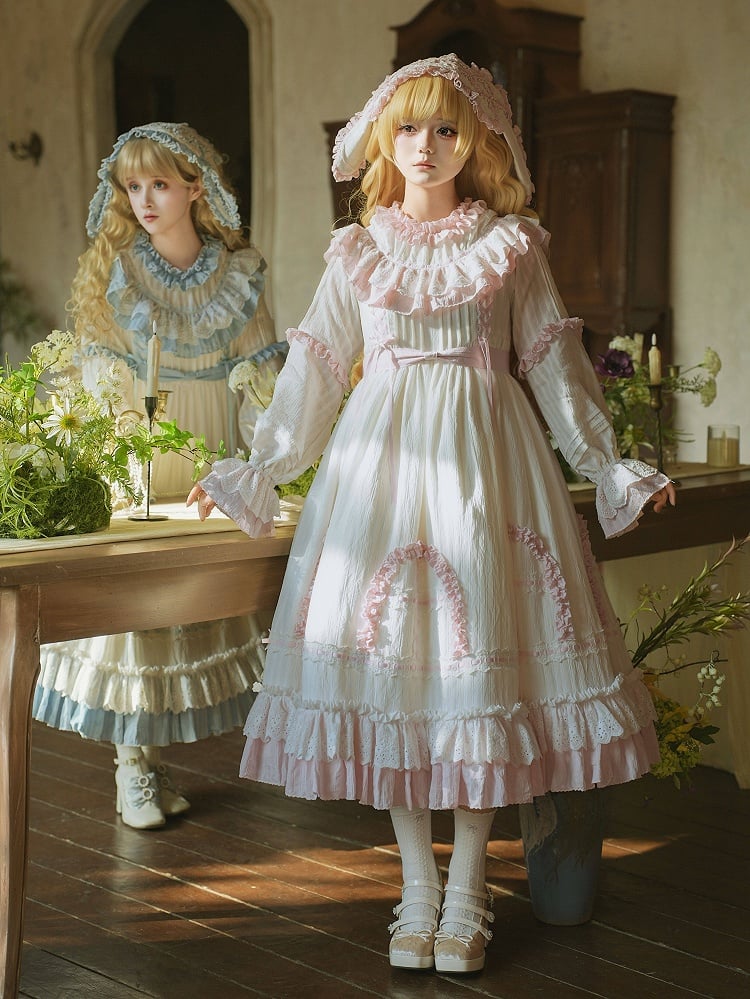 Dress and Long Ruffle White Pink with Sleeves Sweet Details Sash Lolita