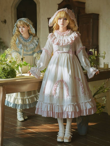 Dress and Long Ruffle White Pink with Sleeves Sweet Details Sash Lolita