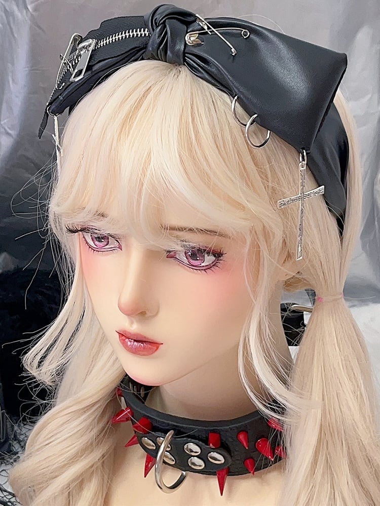 ジッパー 蝶結び パンクピン ブラックデザイン クロス装飾チャーム PU Y2K