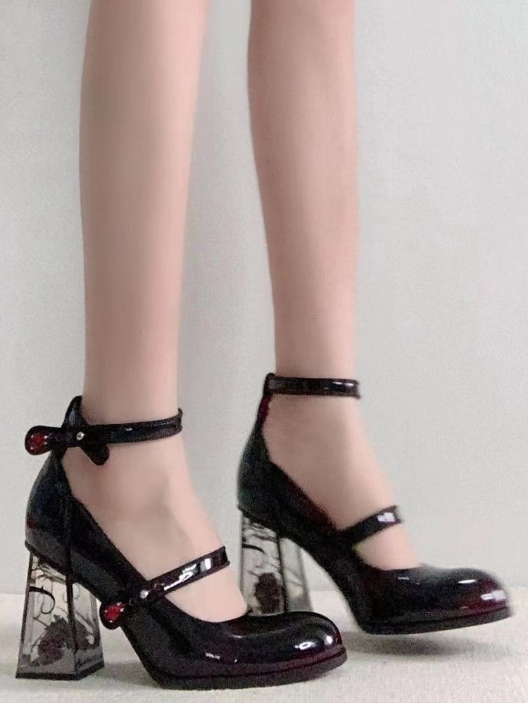 Rhinestone Black Transparent Accents High Heel Mary Block Rose-themed Rose Gothic Janes with Decor