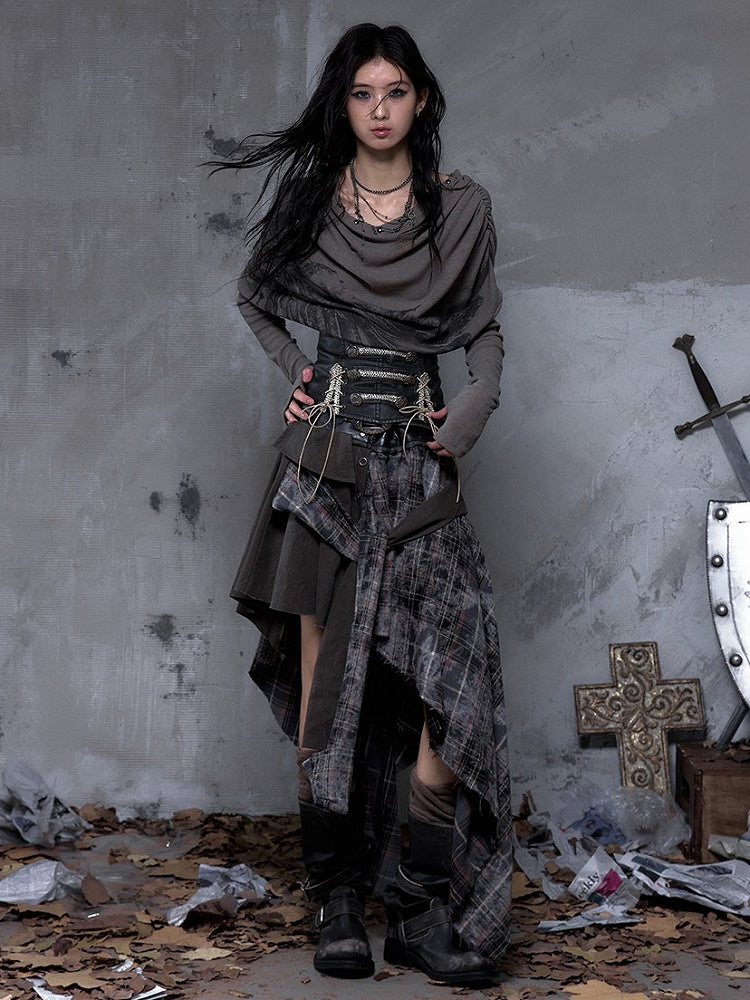 Asymmetrical Rock Front Ties with Vintage PU Hemline Knotted Punk Black Waistband Triangular Skirt Plaid