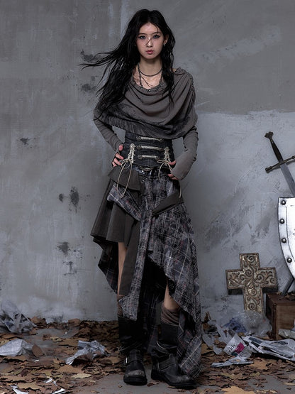Asymmetrical Rock Front Ties with Vintage PU Hemline Knotted Punk Black Waistband Triangular Skirt Plaid