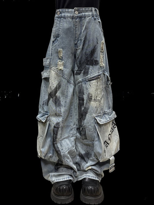 and Blue Distressed Cargo Wide-Leg Edgy with Pockets Jeans Graffiti Accents