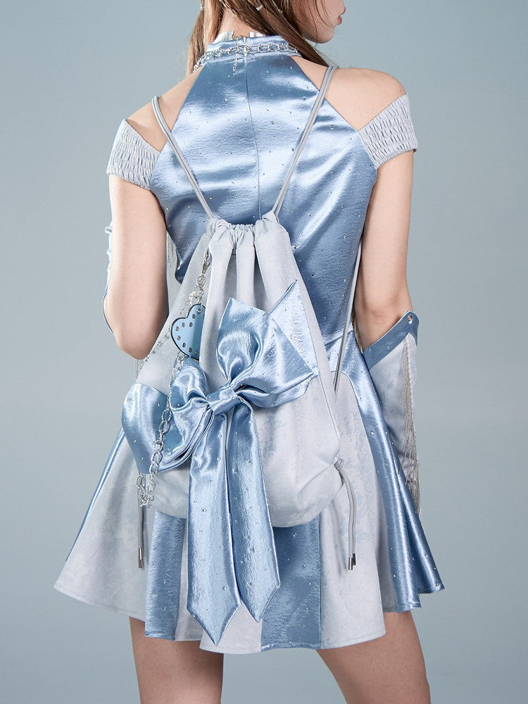 Blue Y2K Satin Bow Drawstring Doulder Shoulder Bag with Rhinestone Decoration - Virtual Orbit