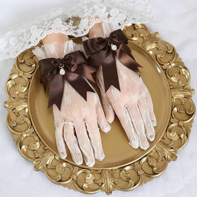 Pink Gloves Green Charms / Lace Bows Coffee Bead With Lolita Cute