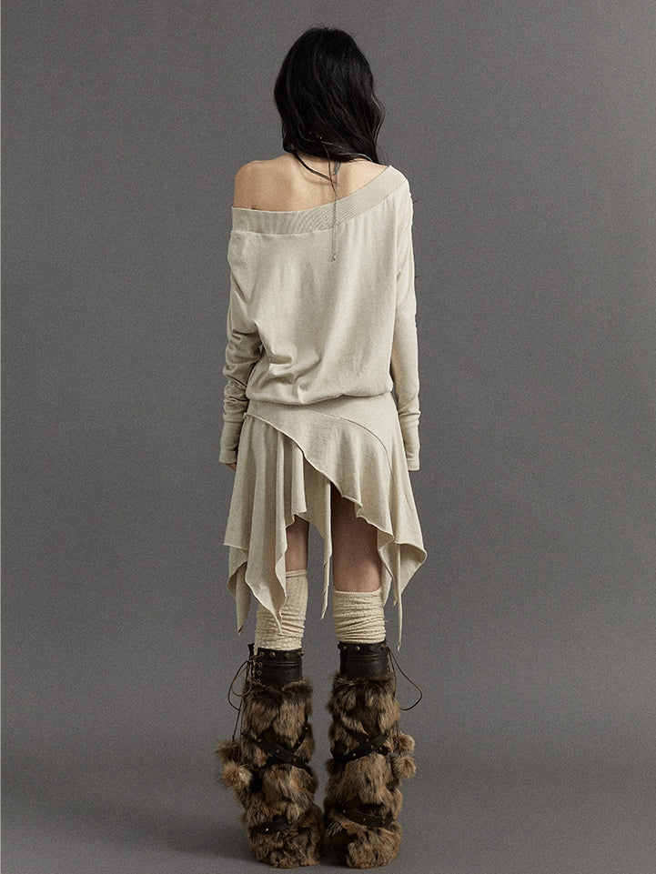 Wasteland Punk – Beiges, asymmetrisches Kleid mit Leopardenmuster und Herzmotiv und langen Ärmeln