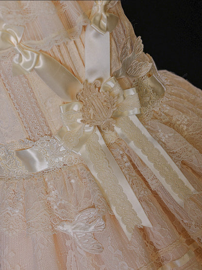 Retro Beige Lolita Lace Gown with Satin Ribbon Accents - Twin Bear Original Design
