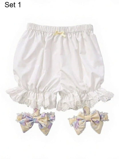 White Lolita Pumpkin Shorts with Removable Blue and Yellow Bow Leg Rings - Vcastle
