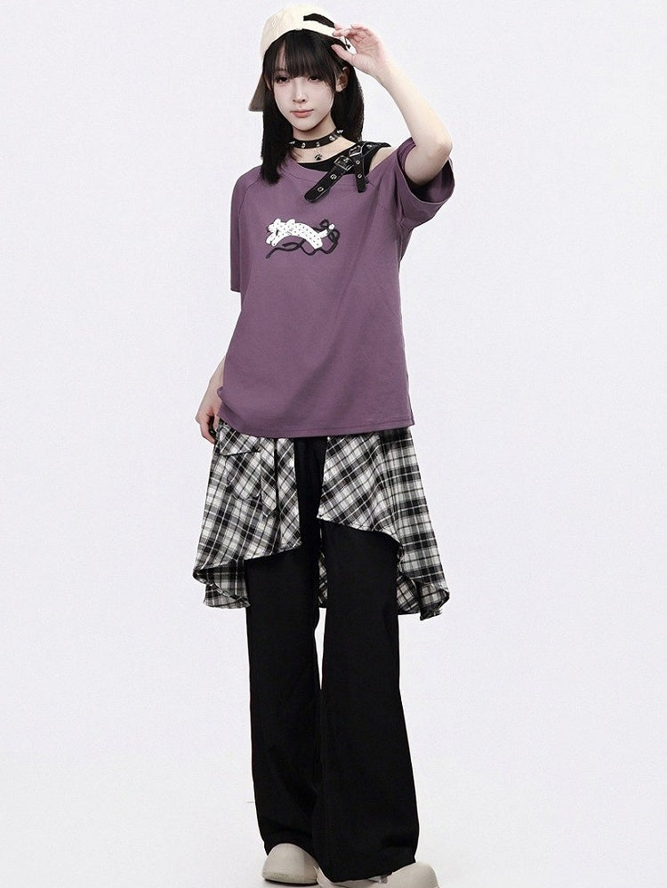 Asymmetrical Plaid Overlay Straight-Leg Pants - PINK SAVIOR