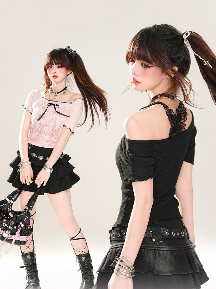 Back T-Shirt Glamorous Black/Pink Cat Print Square Neck Butterfly Design