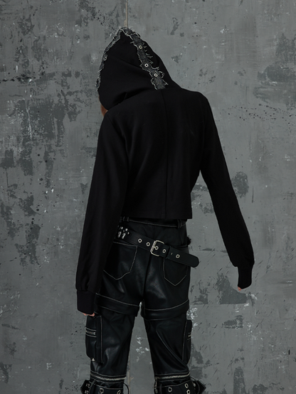 Strickjacke mit Denim-Patchwork-Reißverschluss-Akzenten, schwarzer Punk-Kreuzstrick mit Kapuze