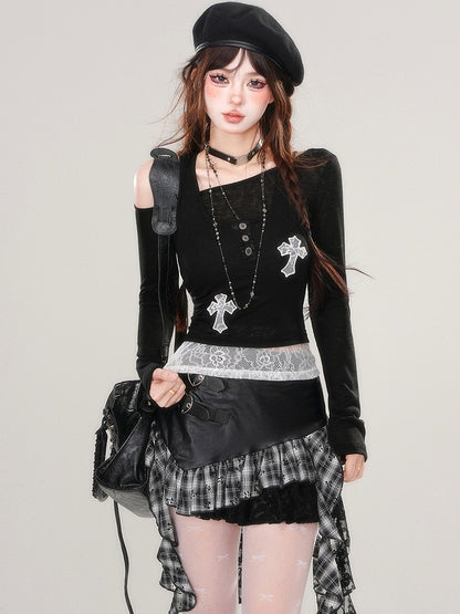 Grey Asymmetrical Neckline Top with Lace Cross Appliques Tank Top Set