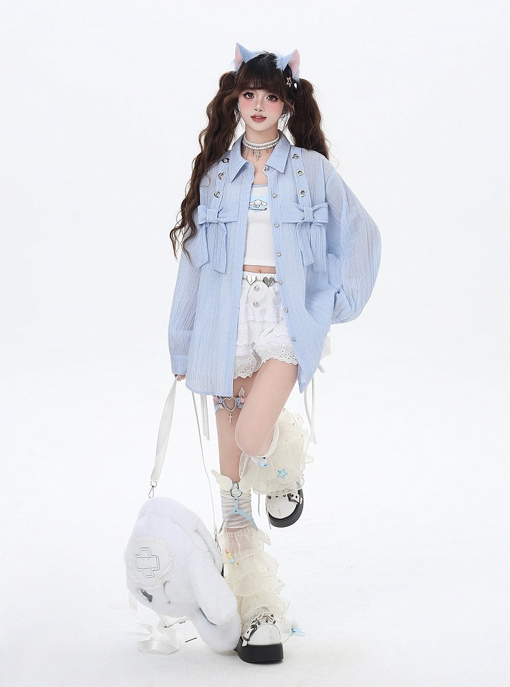 ライトブルー/ライトピンクのビッグリボンセミシアーシャツ