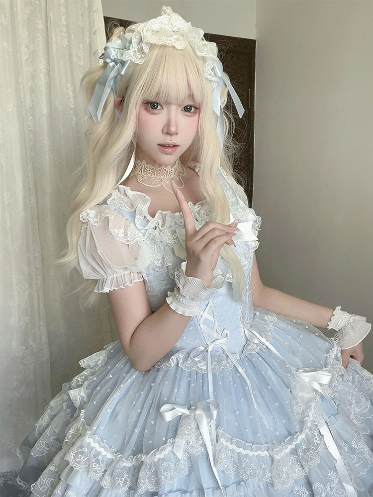 Jumper Detachable Sleeves Skirt Sweet Lolita Dress Flutter with Big Blue Lace-up Bodice High Waist Bow