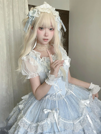 Jumper Detachable Sleeves Skirt Sweet Lolita Dress Flutter with Big Blue Lace-up Bodice High Waist Bow