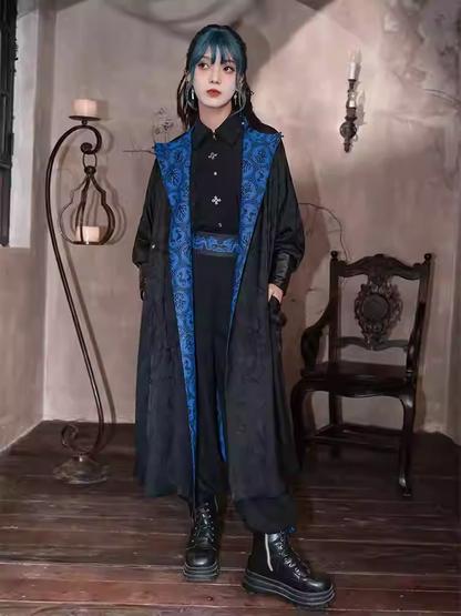 Cheongsam Style Long Coat Print and Blue Coral Black Jacquard Seahorses Reversible