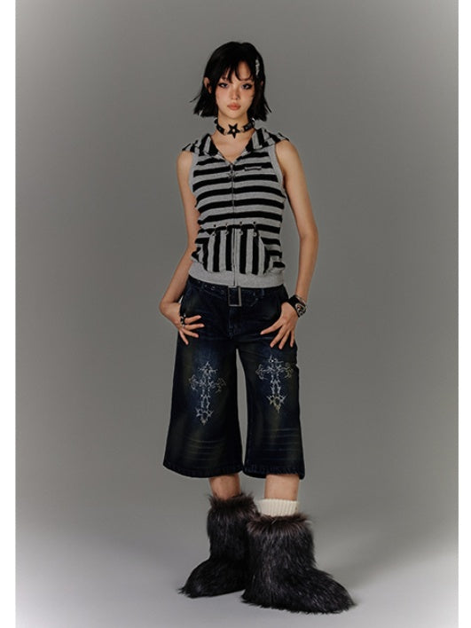 Buckle Distressed Jeans Blue Print Faded Wash Glamorous Belt with Cross