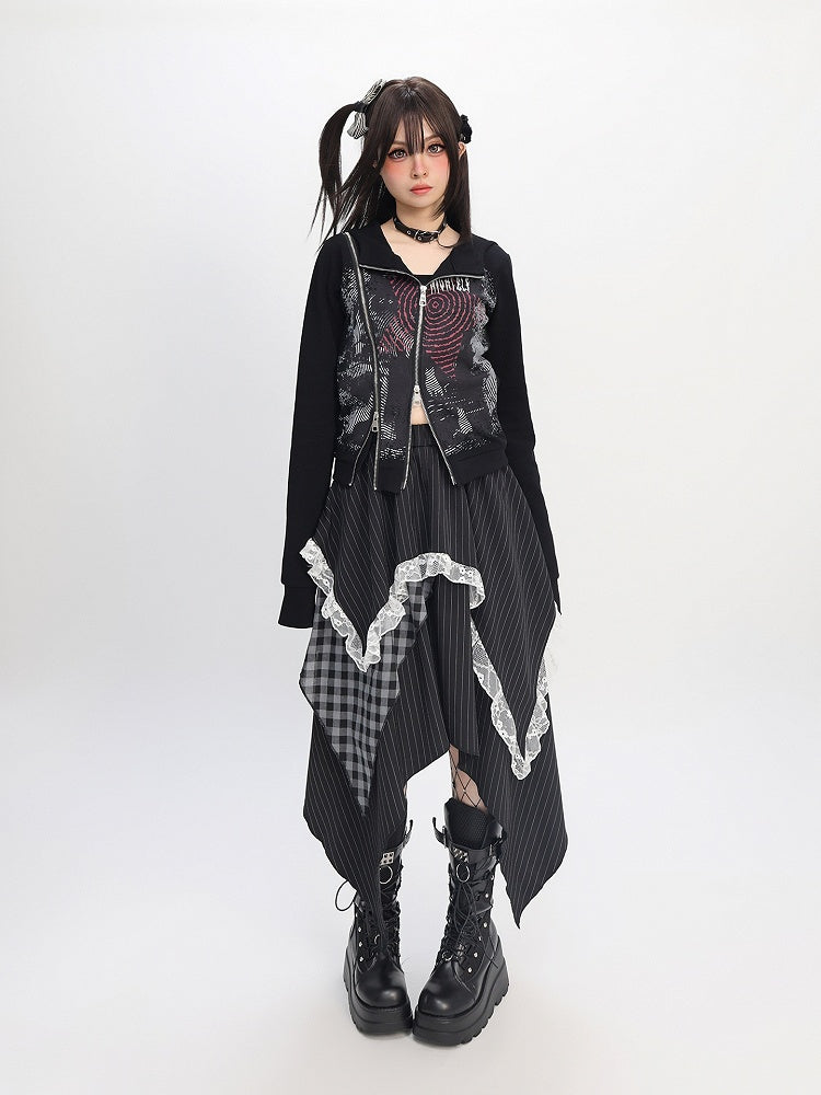 Hem Maxi Dress with Plaid  Stripe Patchwork and Lace Trim Black Handkerchief