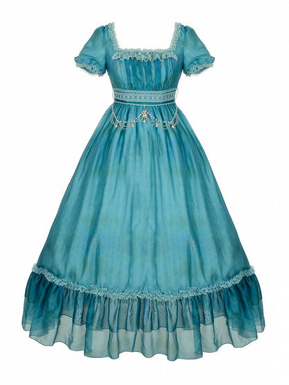 Square Neck Teal Lolita Dress with Belt & Chain Set - Elegant - With PUJI