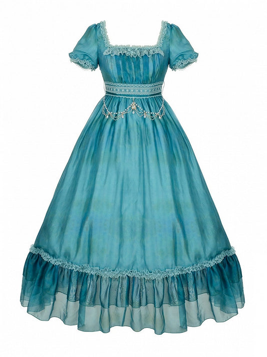 Square Neck Teal Lolita Dress with Belt & Chain Set - Elegant - With PUJI