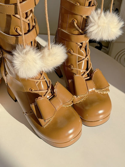 Light in Zip/Buckle Mid-heel with Boots Winter Boot Lolita PU Elegant Collar Brown Plush Details Ornate Lace