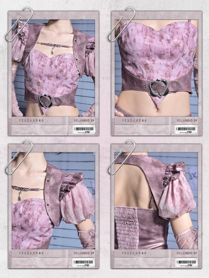 Pastel Rhinestone Cami Y2K Sequin Denim Buckle Top Punk Heart with Belt Pink