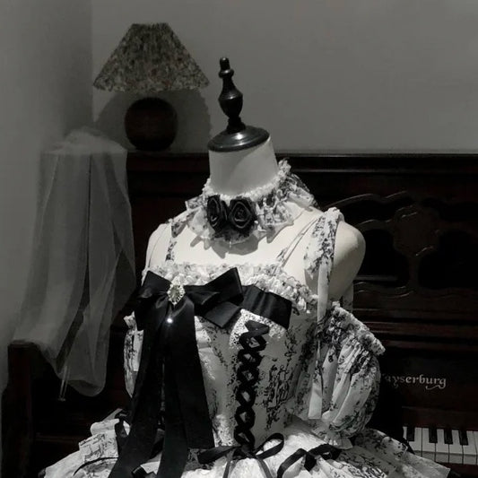 Black & White Porcelain-Inspired Lolita Choker with Roses - Sleepless Star