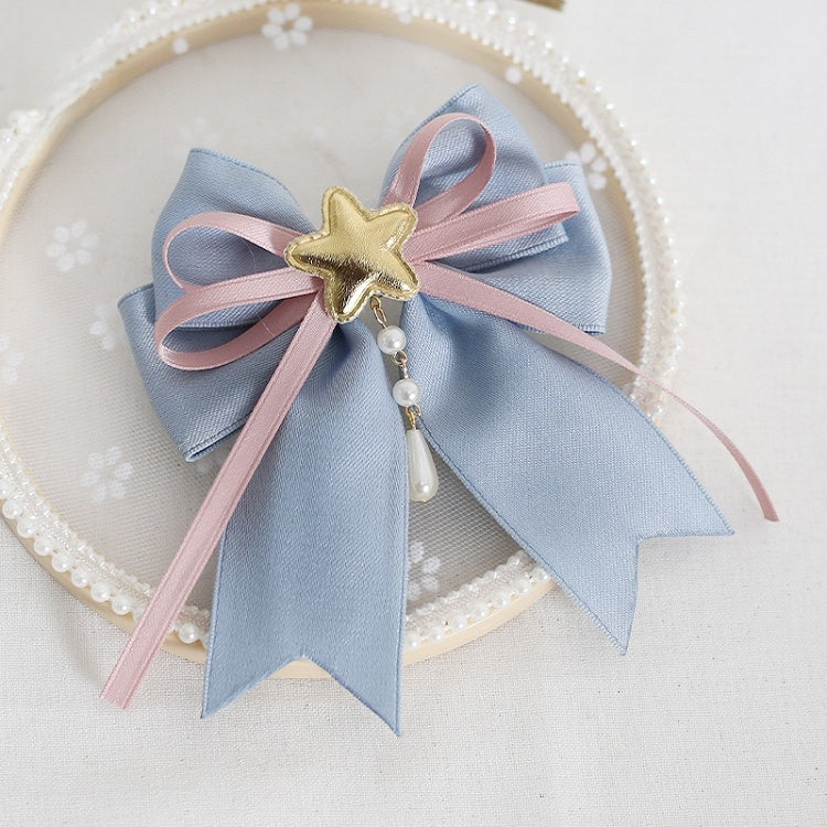 Blue Dusty Hairclip with Cute Star / Bead Pink Bowknot Charms