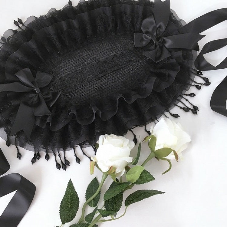 Bowknot Bonnet Gothic Lolita Beaded Lace Tassel Accents Black