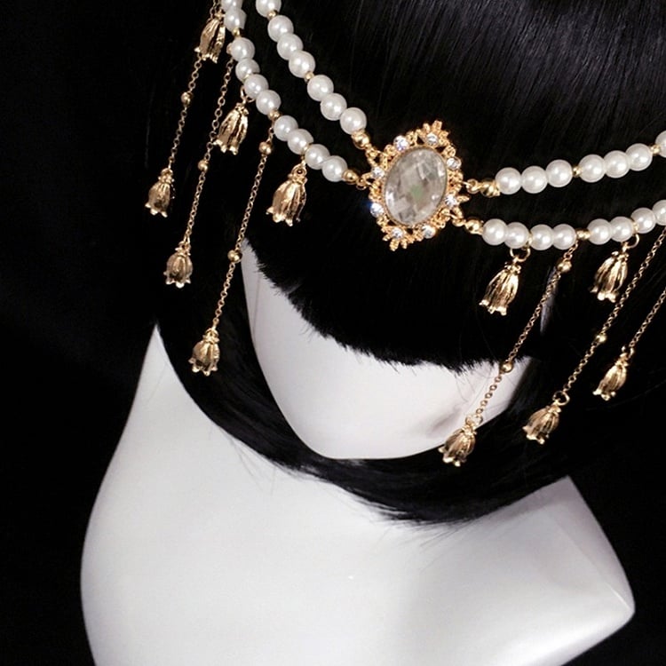Rhinestone Bell and Center Flowers Tassels Headwear Golden with Beaded