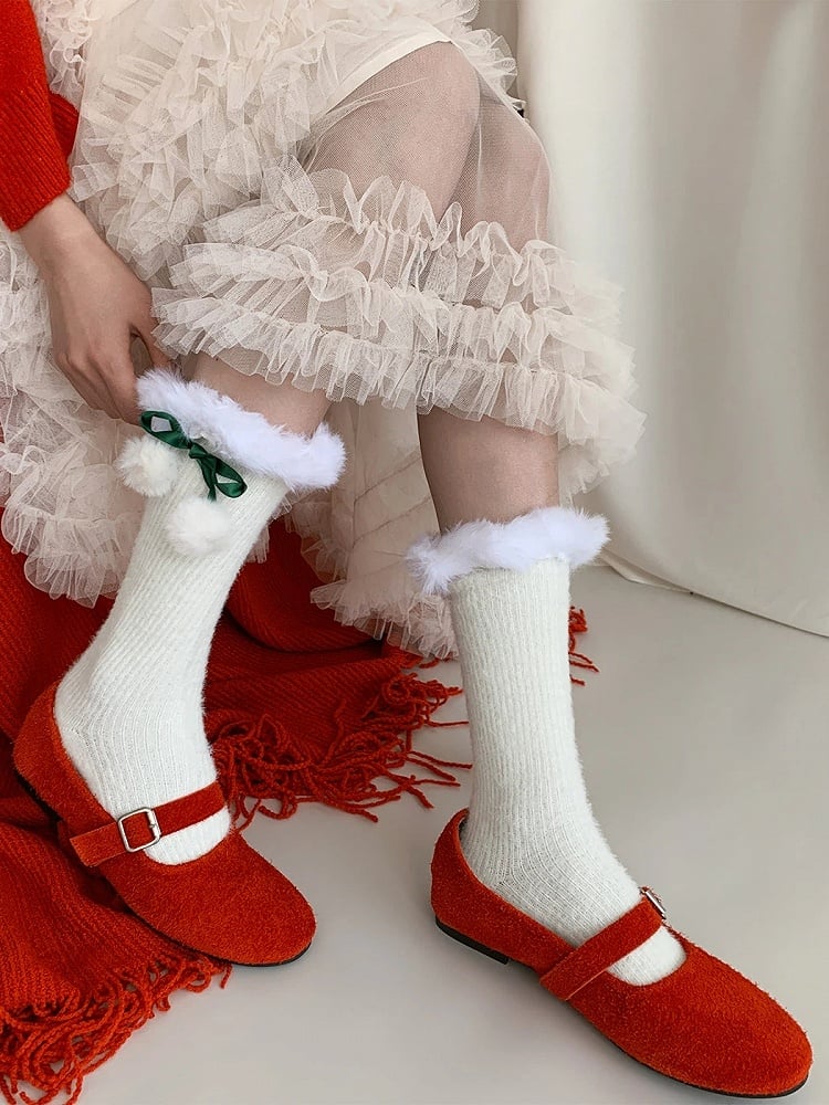 (3 Colors) Trim Calf Faux Pom-Pom Fur Socks